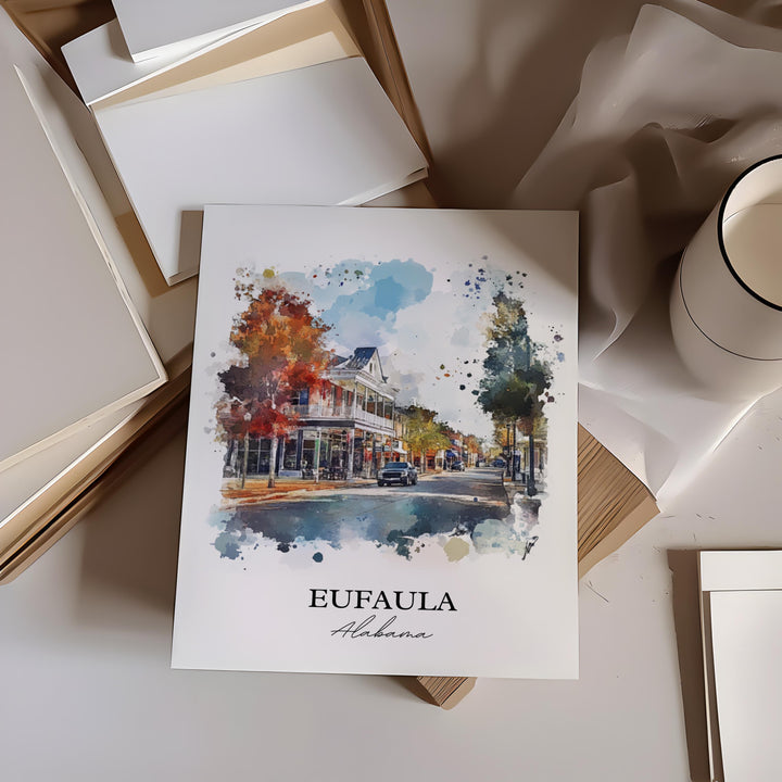 Eufala AL Wall Art, Eufala Print, Eufala Watercolor Art, Eufala Alabama Gift, Travel Print, Travel Poster, Housewarming Gift