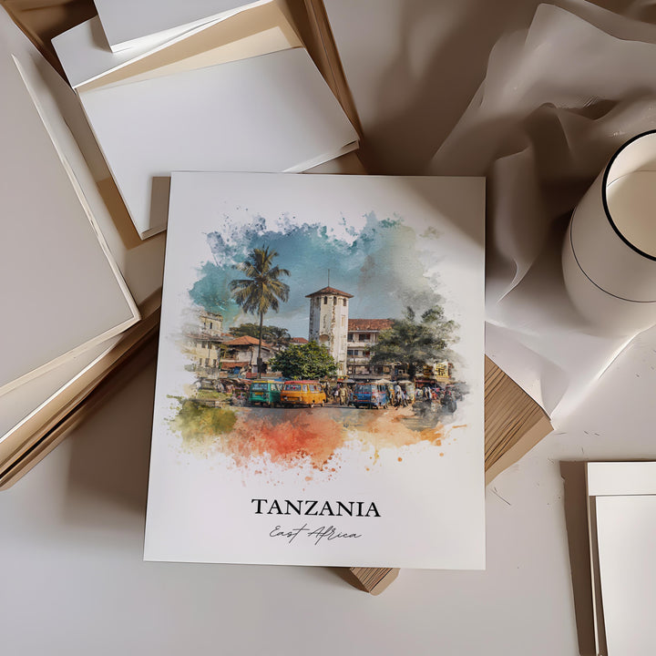 Tanzania Wall Art, Tanzania Print, Tanzania Watercolor Art, Tanzania Country Gift, Travel Print, Travel Poster, Housewarming Gift