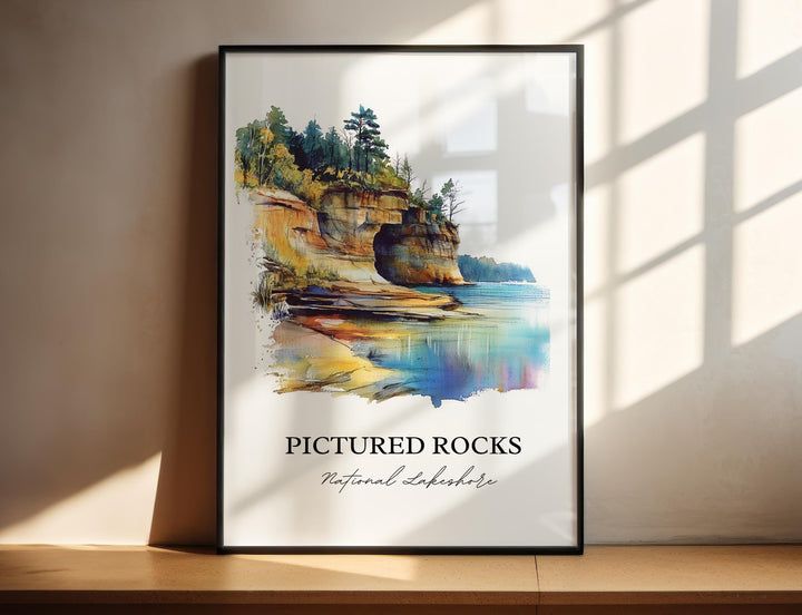 Pictured Rocks Lakeshore Wall Art, Alger County Print, Michigan Artwork, Pictured Rocks Gift, Travel Print, Travel Poster, Housewarming Gift