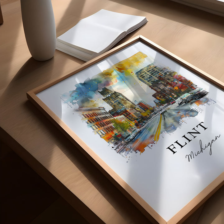 Flint Michigan Wall Art, Flint MI Print, Flint Watercolor Art, Genesee County MI Gift, Travel Poster, Housewarming Gift