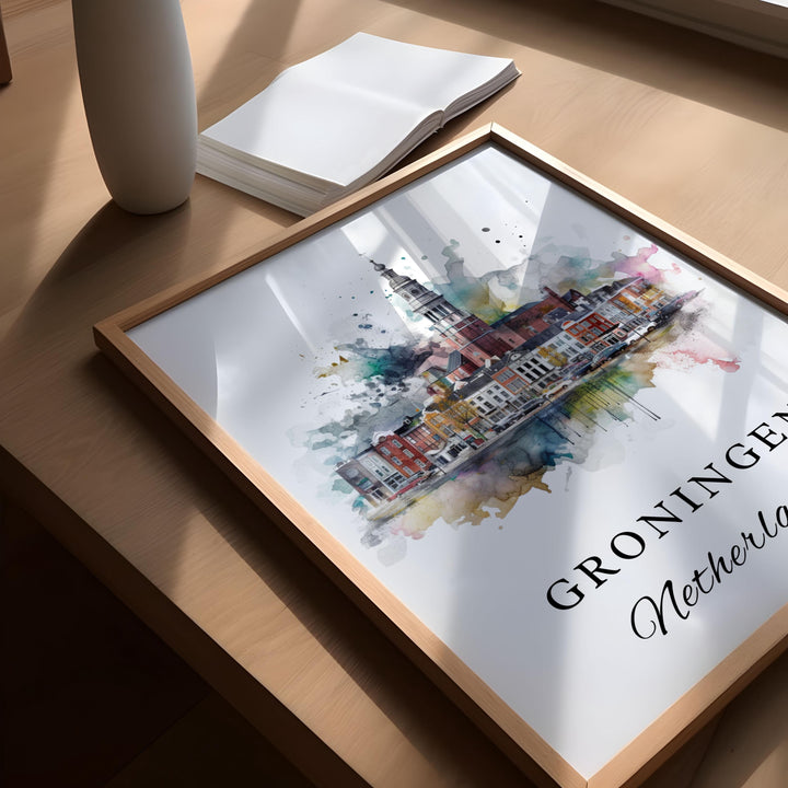 Groningen traditional travel art - Netherlands, Groningen poster, Wedding gift, Birthday present, Custom Text, Personalised Gift