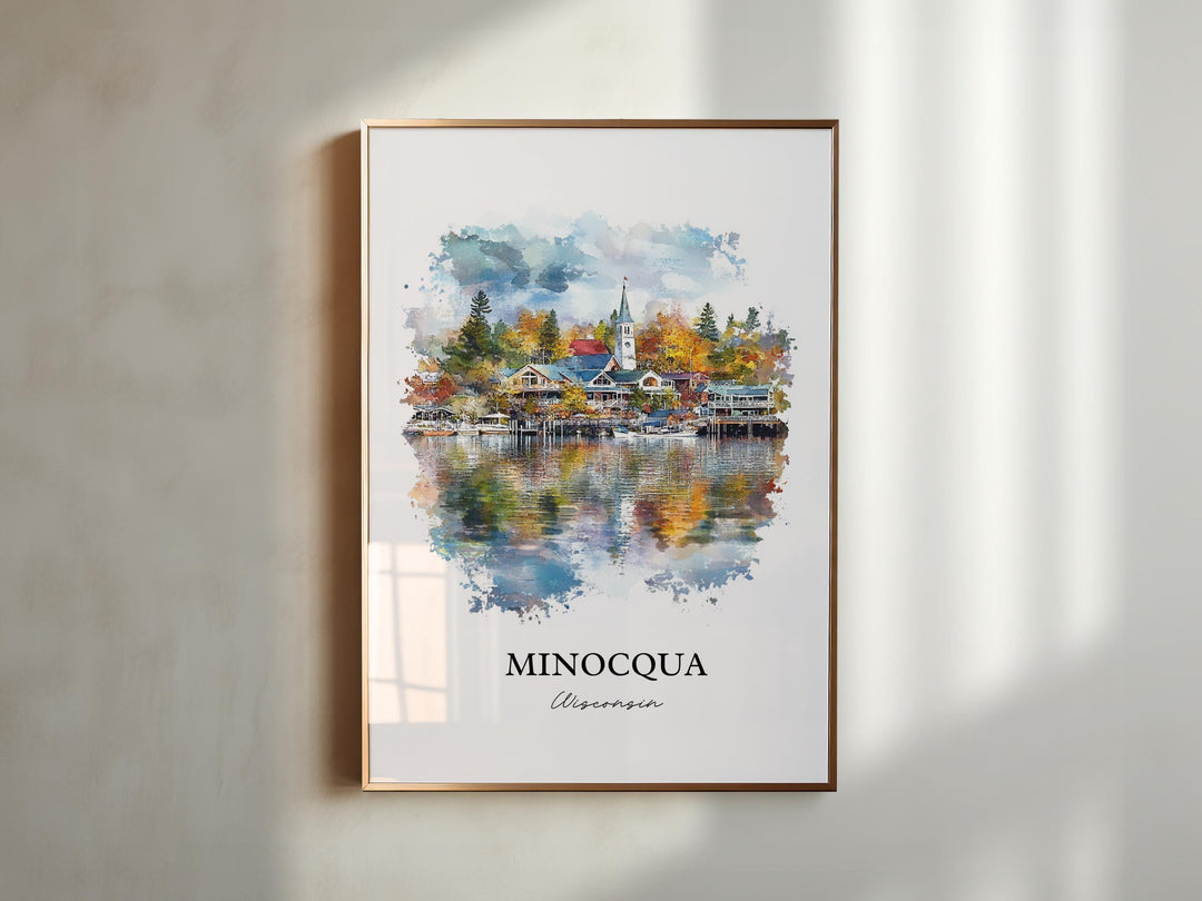 Minocqua WI Wall Art, Oneida County Print, Wisconsin Watercolor Art, Minocqua WI Gift, Travel Print, Travel Poster, Housewarming Gift
