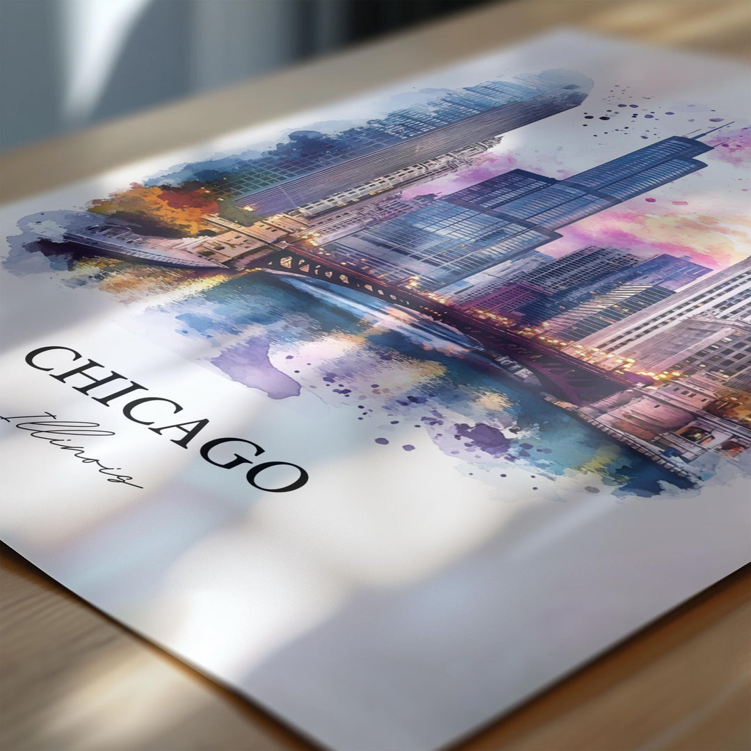 Chicago Wall Art, Chicago Print, Chicago Illinois Watercolor Art, Chicago Skyline Gift, Travel Print, Travel Poster, Housewarming Gift
