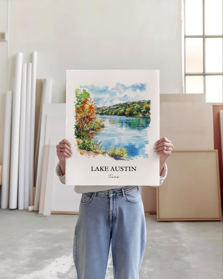 Lake Austin Wall Art, Austin TX Print, Texas Watercolor Art, Lake Austin Gift, Travel Print, Travel Poster, Housewarming Gift