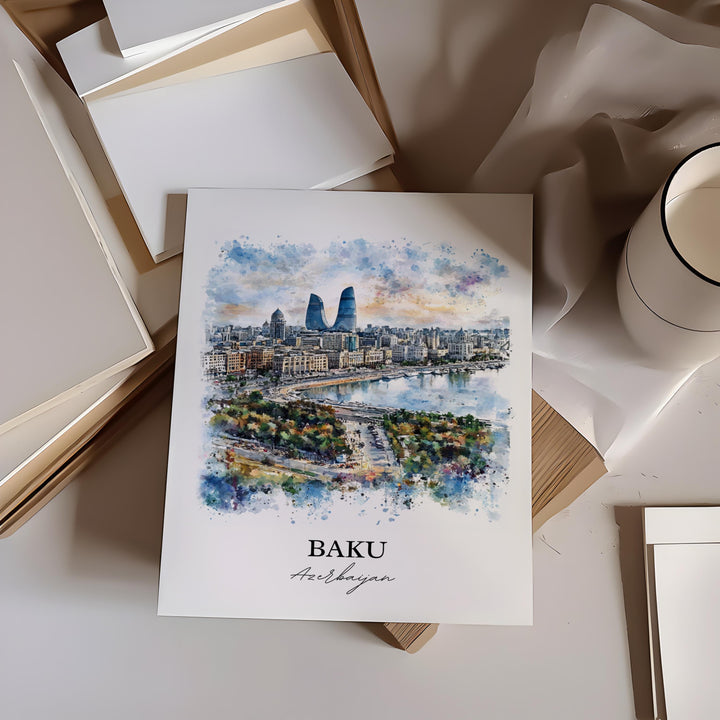 Baku Wall Art, Azerbaijan Print, Azerbaijan Watercolor Art, Baku Azerbaijan Gift, Travel Print, Travel Poster, Housewarming Gift