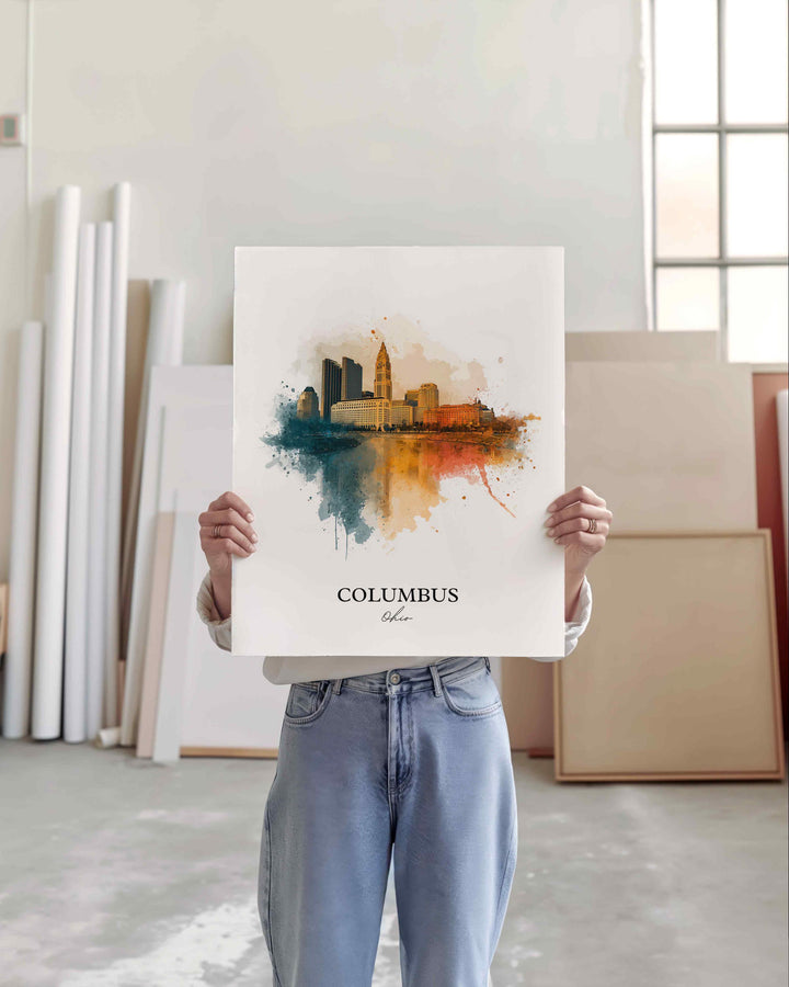 Columbus OH Wall Art, Columbus Print, Columbus Ohio Watercolor Art, Columbus Skyline Gift, Travel Print, Travel Poster, Housewarming Gift