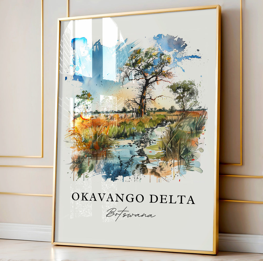 Okavango Delta Wall Art, Okavango Botswana Print, Botswana Watercolor, Botswana Gift,