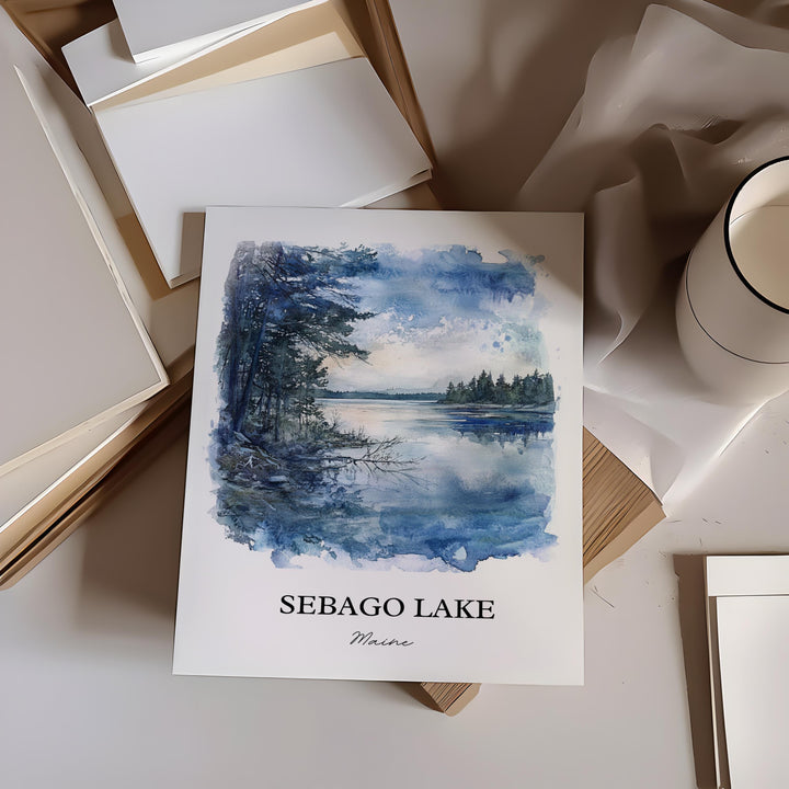 Sebago Lake Wall Art, Casco Maine Print, Maine Watercolor Art, Sebago Lake ME Gift, Travel Print, Travel Poster, Housewarming Gift