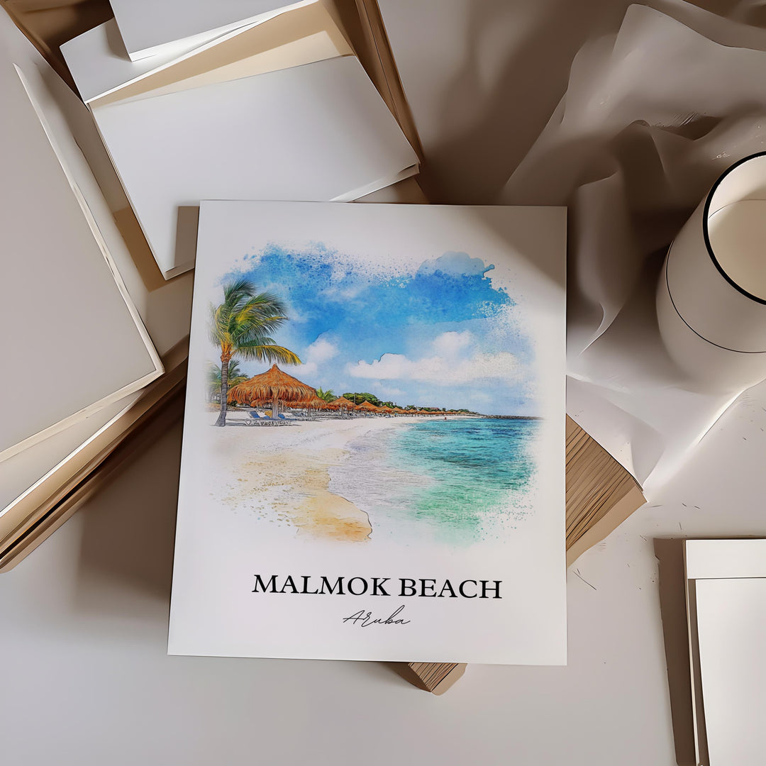 Malmok Beach Wall Art, Tres Trapi Print, Aruba Watercolor Art, Malmok Beach Gift, Travel Print, Travel Poster, Housewarming Gift