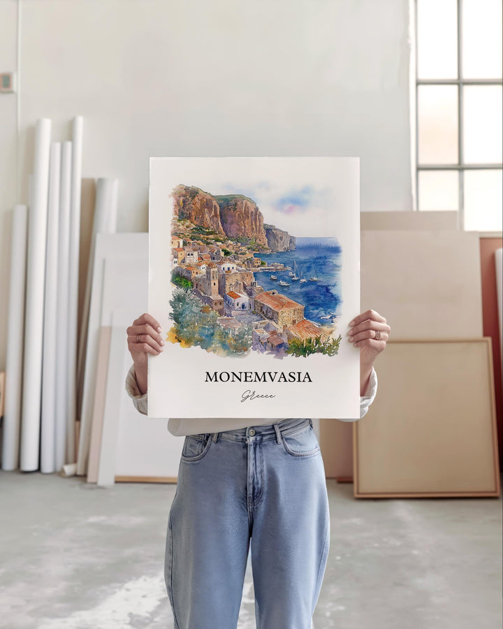 Monemvasia Wall Art, Laconia Print, Greece Watercolor Art, Monemvasia Gift, Travel Print, Travel Poster, Housewarming Gift