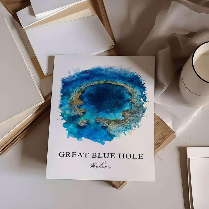 Great Blue Hole Art, Great Blue Hole Print, Great Blue Hole Belize Watercolor, Belize Gift,