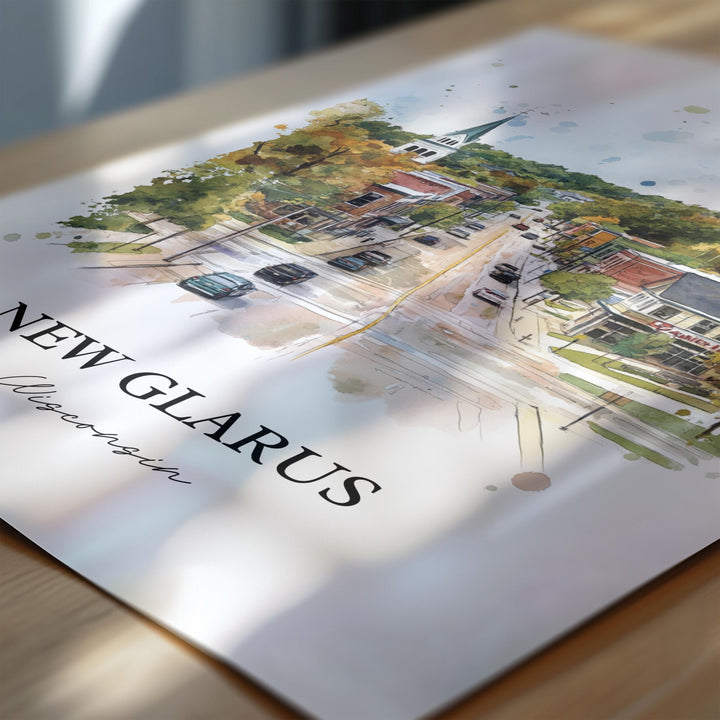 New Glarus Wall Art, New Glarus Print, Wisconsin Watercolor Art, New Glarus WI Gift, Travel Print, Travel Poster, Housewarming Gift