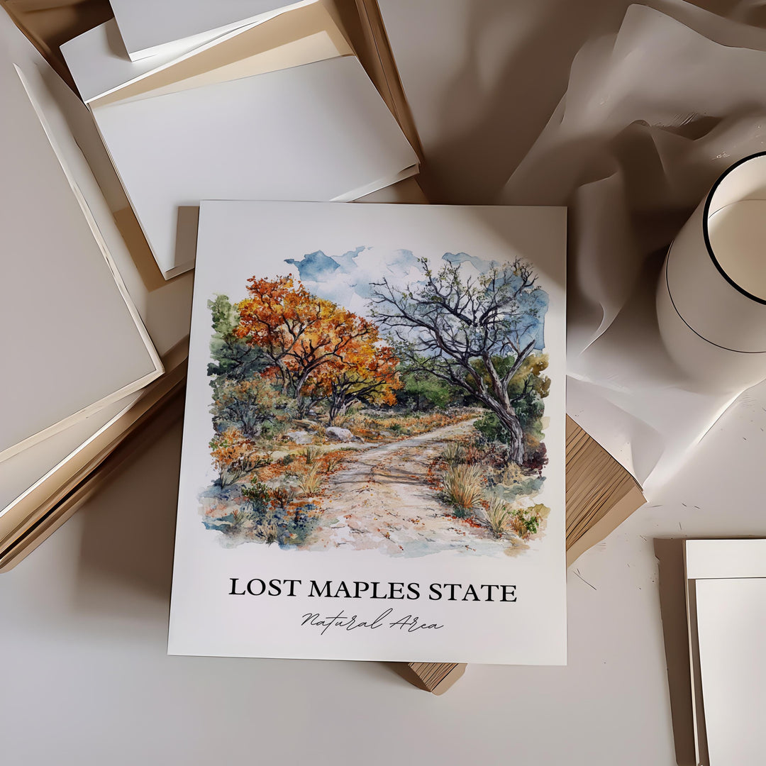 Lost Maples State Park Wall Art, Vanderpool TX Print, Texas Watercolor, Lost Maples TX Gift, Travel Print, Travel Poster, Housewarming Gift