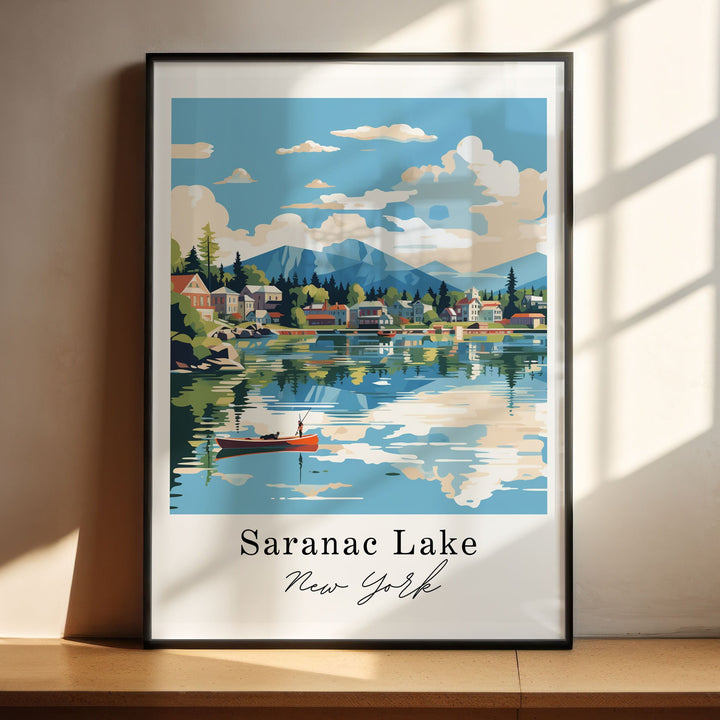 Saranac Lake traditional travel art - New York, Saranac Lake poster, Wedding gift, Birthday present, Custom Text, Personalised Gift