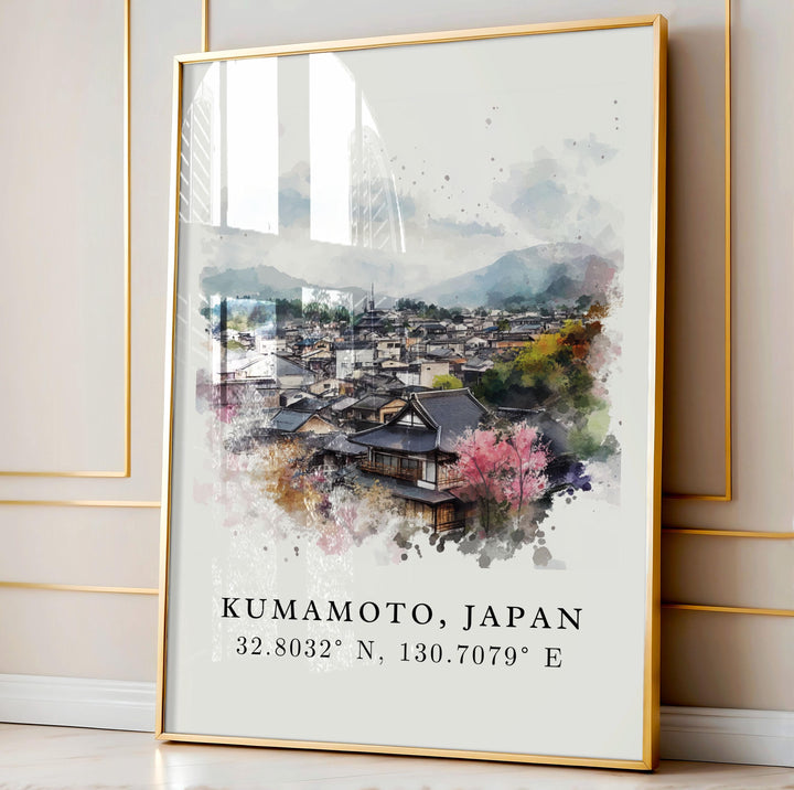 Kumamoto Wall Art, Kumamoto Print, Japan Watercolor Art, Kyushu Japan Gift,