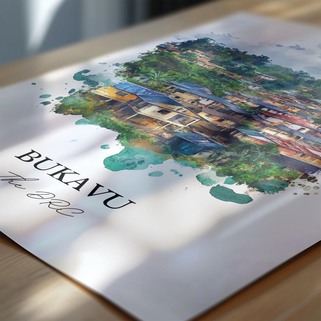 Bukavu Wall Art, Democratic Republic of Congo Print, DRC Watercolor Art, Bukavu Gift, Travel Print, Travel Poster, Housewarming Gift