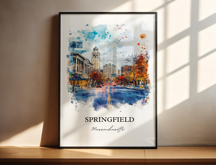 Springfield MA Wall Art, Connecticut River Print, MA Watercolor Art, Springfield MA Gift, Travel Print, Travel Poster, Housewarming Gift
