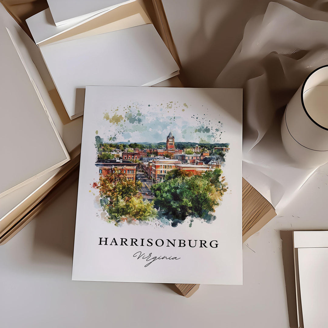 Harrisonburg VA Wall Art, Harrisonburg Print, College Town Watercolor Art, Harrisonburg Virginia Gift, Travel Poster, Housewarming Gift