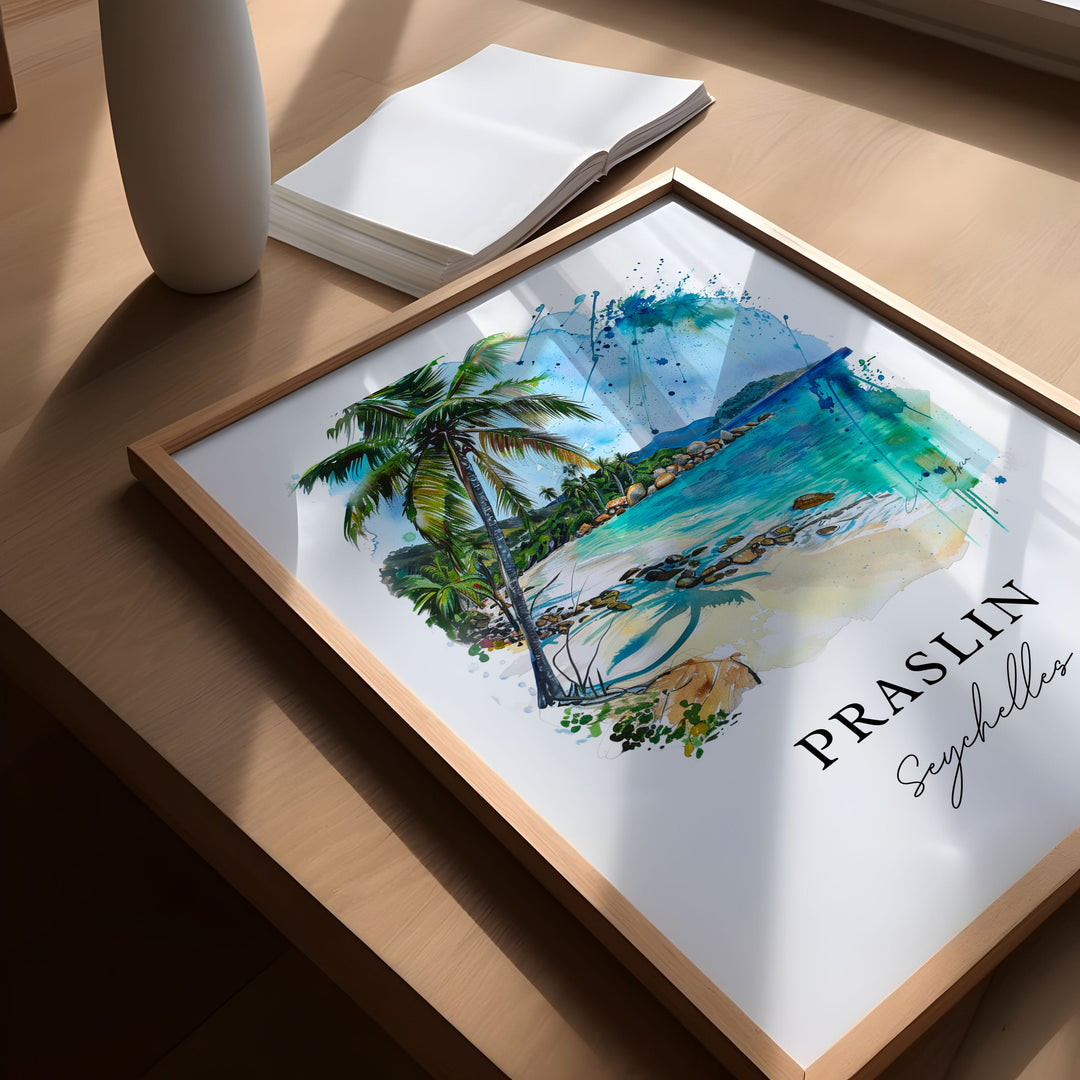 Praslin Seychelles Art, Praslin Print, Seychelles Watercolor Art, Seychelles Beach Gift,