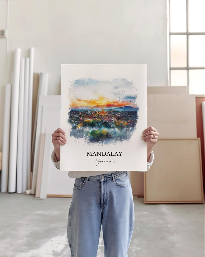 Mandalay Myanmar Wall Art, Myanmar Print, Myanmar Watercolor Art, Mandalay Gift, Travel Print, Travel Poster, Housewarming Gift