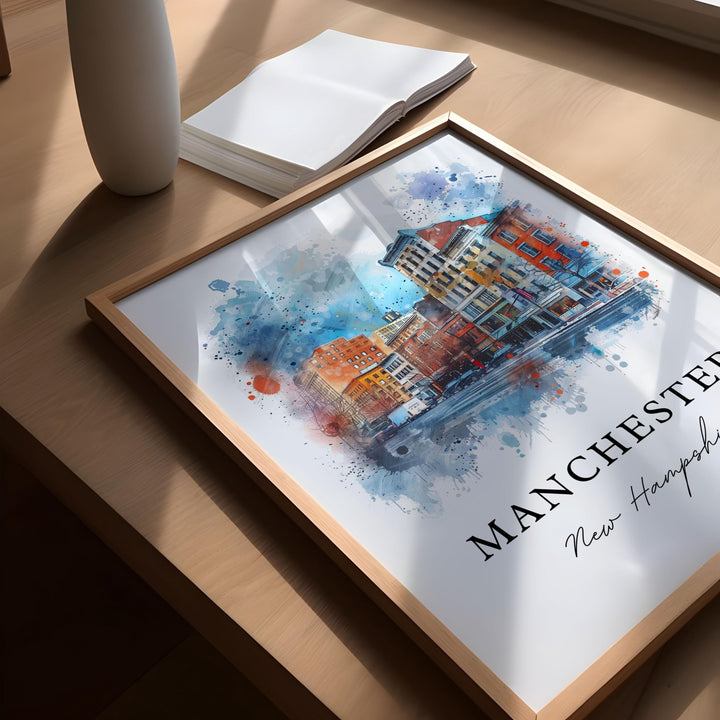 Manchester NH Art, Manchester Print, Manchester NH Watercolor, Manchester New Hampshire Gift,
