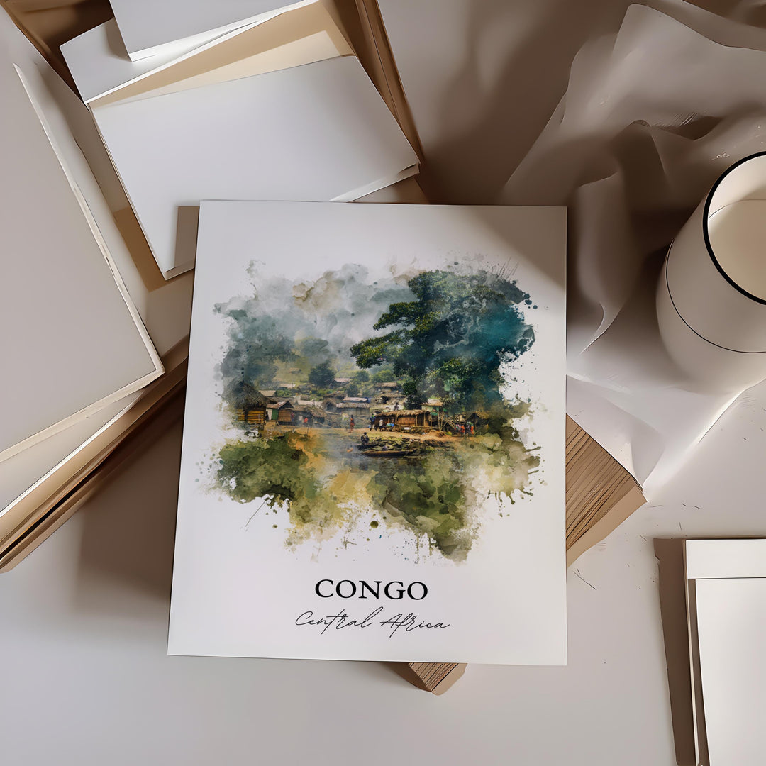 Congo Wall Art, Congo Print, Congo Africa Watercolor Art, Central Africa Gift, Travel Print, Travel Poster, Housewarming Gift