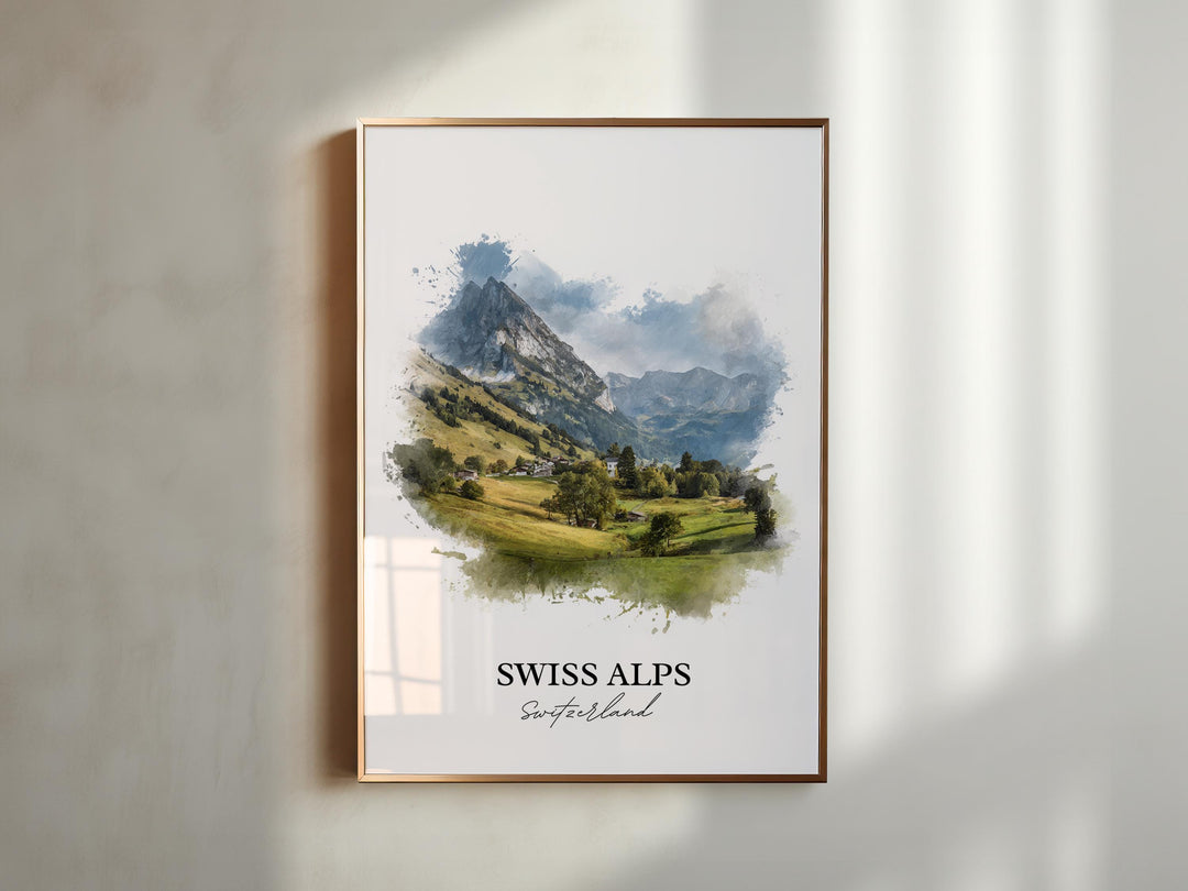 Swiss Alps Wall Art, Switzerland Print, Swiss Alps Watercolor Art, Swiss Alps Gift, Travel Print, Travel Poster, Housewarming Gift