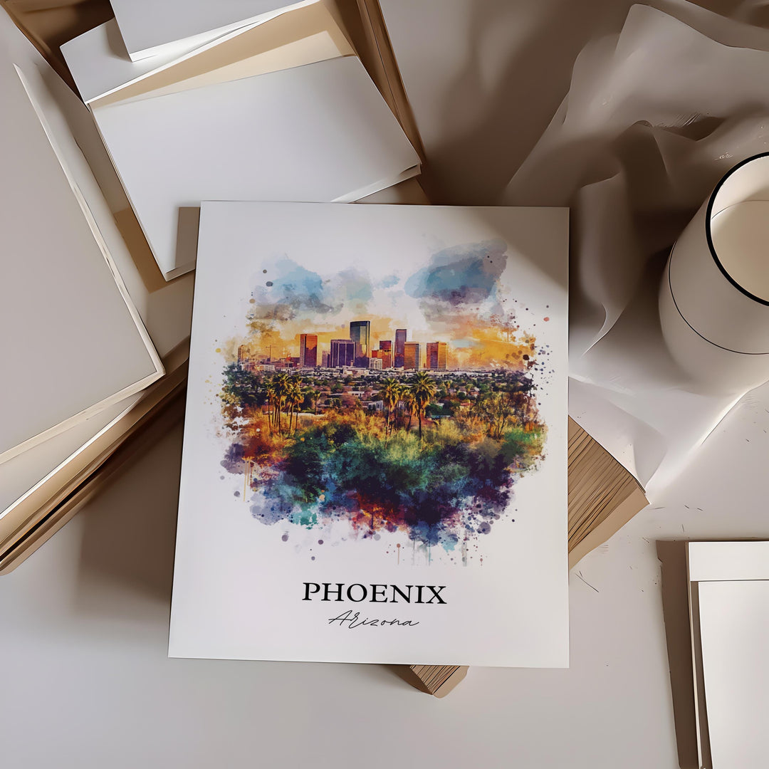 Phoenix Wall Art, Phoenix AZ Print, Arizona Watercolor Art, Phoenix Skyline Gift, Travel Print, Travel Poster, Housewarming Gift