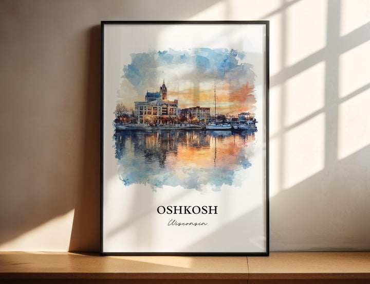 Oshkosh Wall Art, Winnebago County Print, Wisconsin Watercolor Art, Oshkosh WI Gift, Travel Print, Travel Poster, Housewarming Gift