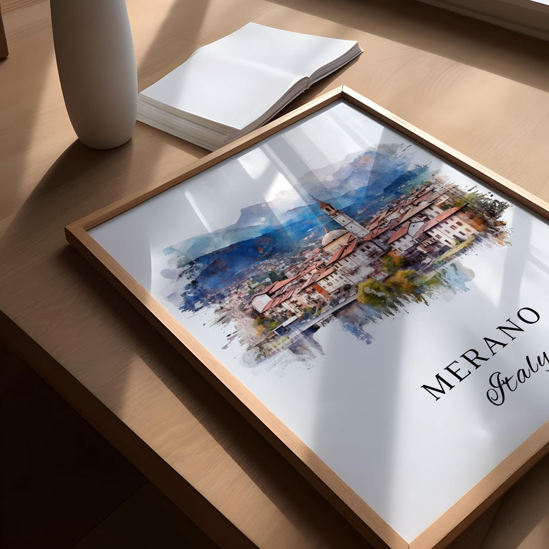 Merano traditional travel art - Italy, Merano poster, Wedding gift, Birthday present, Custom Text, Personalised Gift