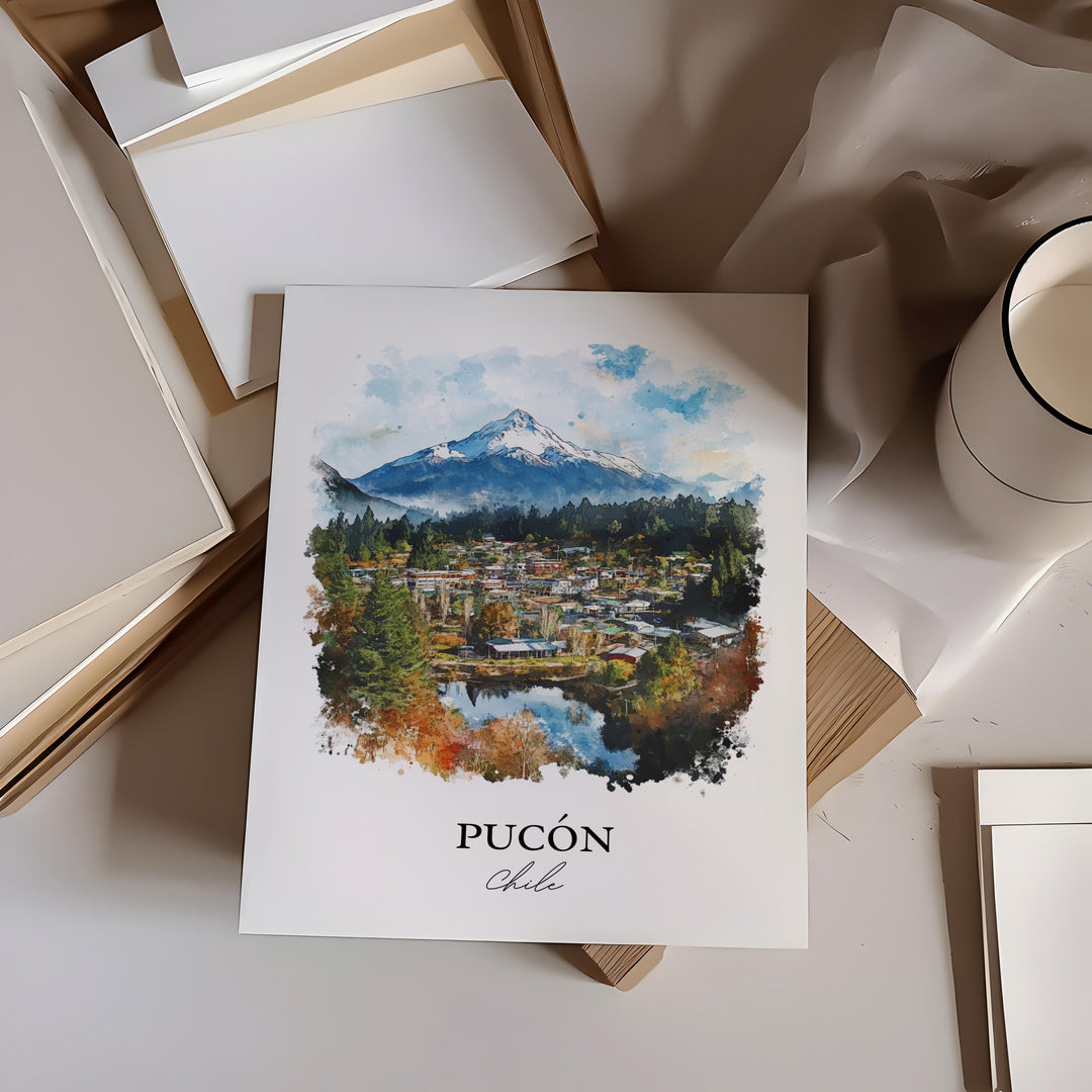Pucón Chile Wall Art, Pucón Print, Lake Villarrica Watercolor Art, Pucón Chile Gift, Travel Print, Travel Poster, Housewarming Gift