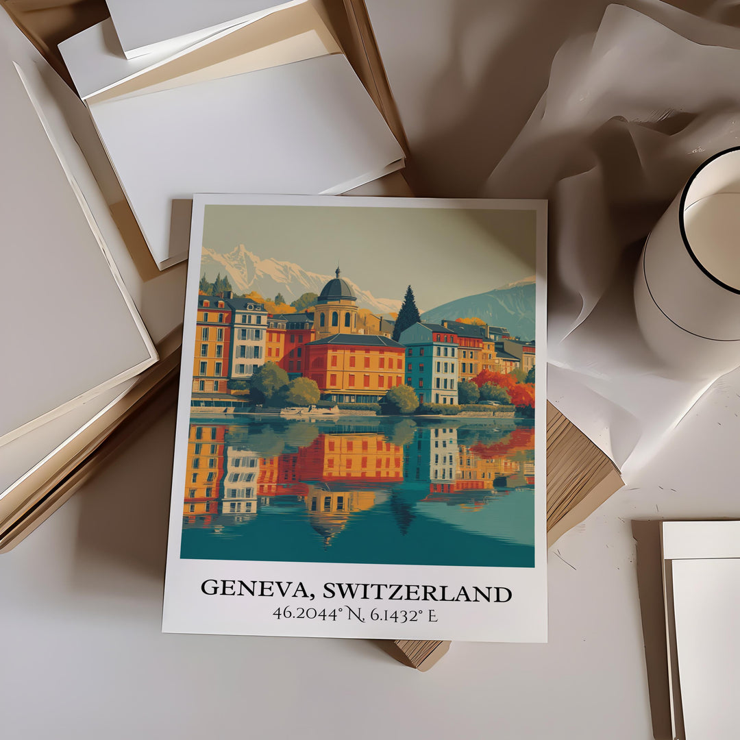 Geneva Art, Geneva Retro Travel Art, Geneva Home Decor, Geneva Switzerland Gift, Switzerland Travel Art, Travel Prints, Housewarming Gift