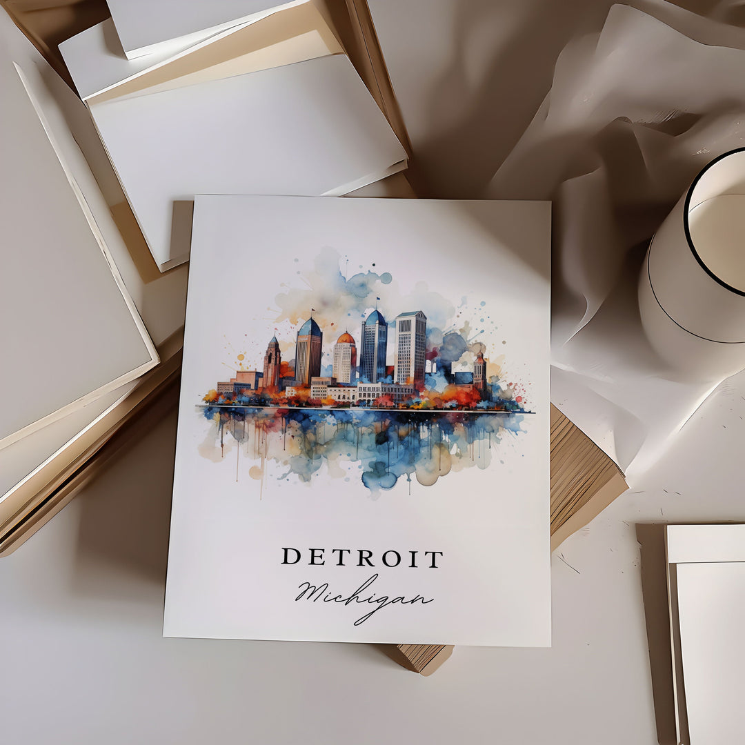 Detroit traditional travel art - Michigan, Detroit poster, Wedding gift, Birthday present, Custom Text, Personalized Gift