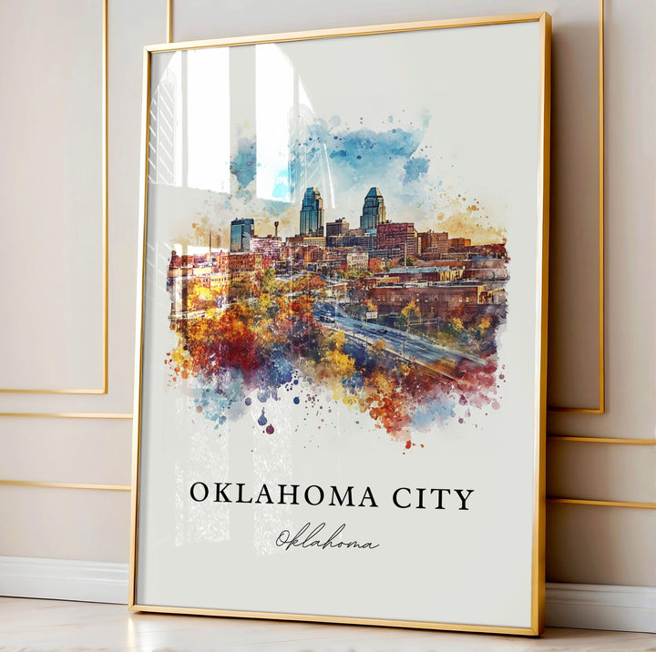 Oklahoma City Wall Art, OKC Print, Oklahoma City Watercolor Art, OKC Skyline Gift,