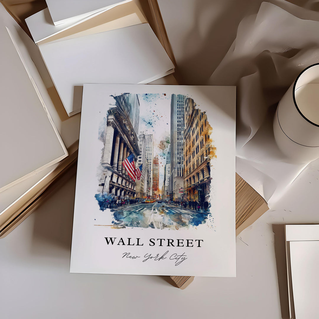 Wall Street NYC Art, Wall Street Print, Lower Manhattan Watercolor Art, Wall Street Gift,