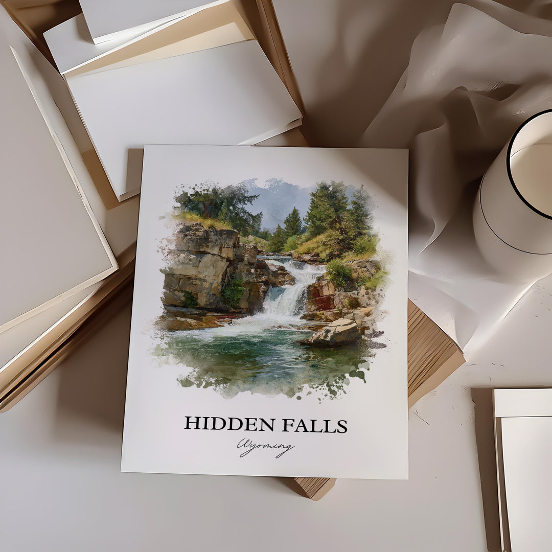 Hidden Falls Wall Art, Grand Tetons Print, Wyoming Watercolor Art, Hidden Falls Gift, Travel Print, Travel Poster, Housewarming Gift