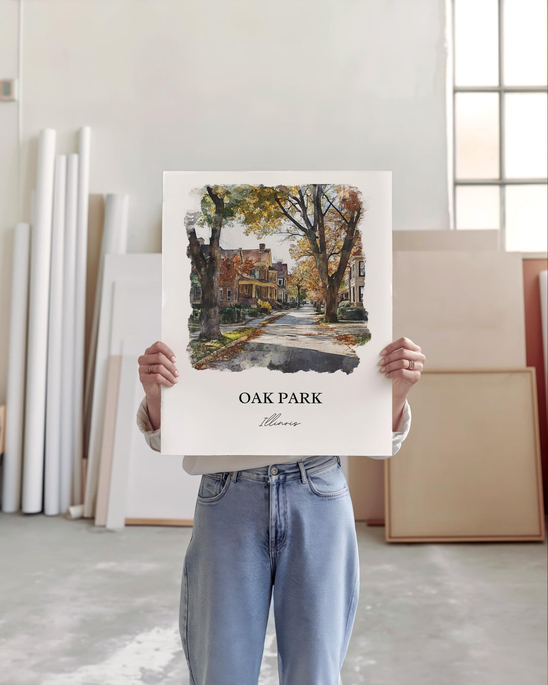 Oak Park IL Wall Art, Cook County Print, Chicago Suburbs Watercolor Art, Oak Park Gift, Travel Print, Travel Poster, Housewarming Gift
