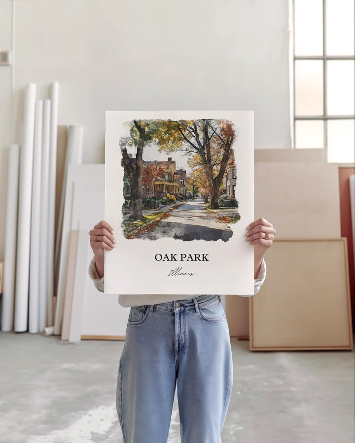 Oak Park IL Wall Art, Cook County Print, Chicago Suburbs Watercolor Art, Oak Park Gift, Travel Print, Travel Poster, Housewarming Gift