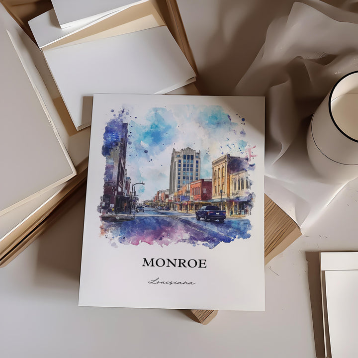 Monroe Louisiana Wall Art, Ouachita Parish Print, Louisiana Watercolor Art, Monroe LA Gift, Travel Print, Travel Poster, Housewarming Gift