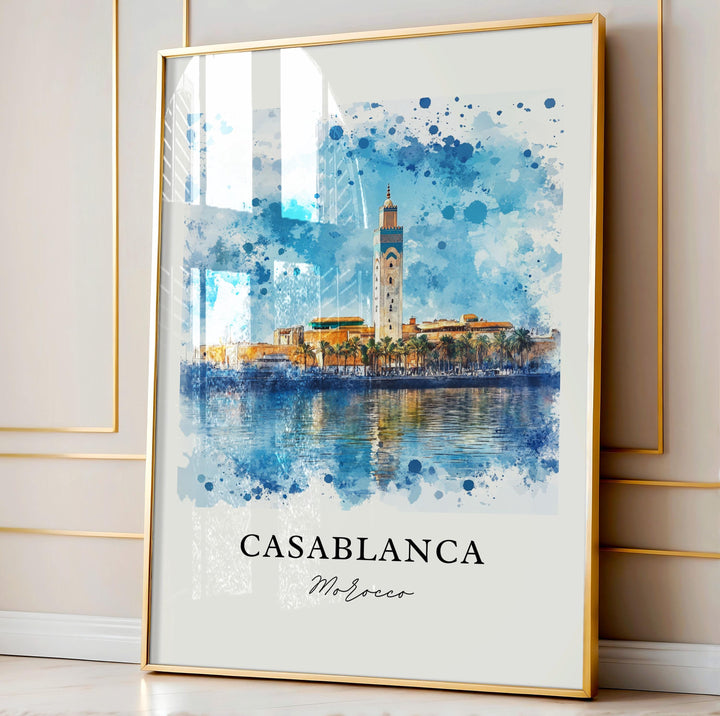 Casablanca Wall Art, Casablanca Print, Casablanca Watercolor Art, Hassan II Mosque Gift, Travel Print, Travel Poster, Housewarming Gift