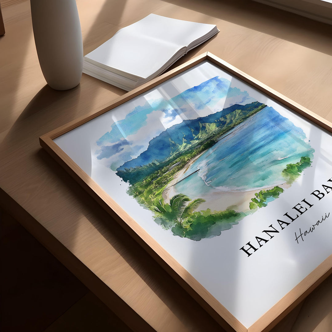 Hanalei Bay Wall Art, Hanalei Bay Print, Kauai Island Watercolor Art, Kauai Hawaii Gift,