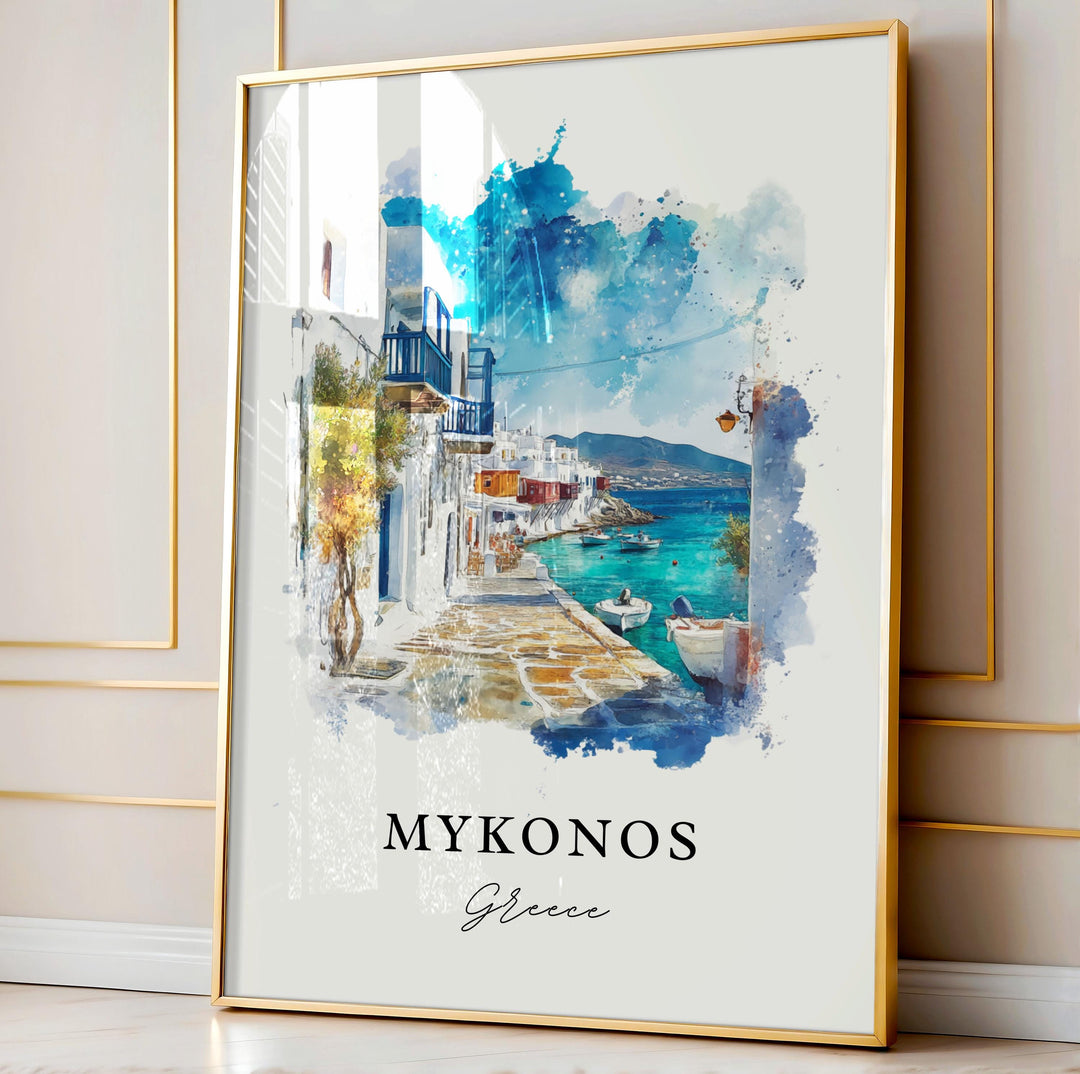 Mykonos Wall Art, Mykonos Greece Print, Mykonos Watercolor Art, Mykonos Gift, Mykonos