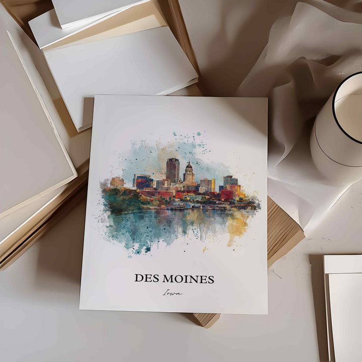 Des Moines, Iowa Wall Art, Des Moines Print, Iowa Watercolor Art, Iowa Gift, Travel Print, Travel Poster, Housewarming Gift