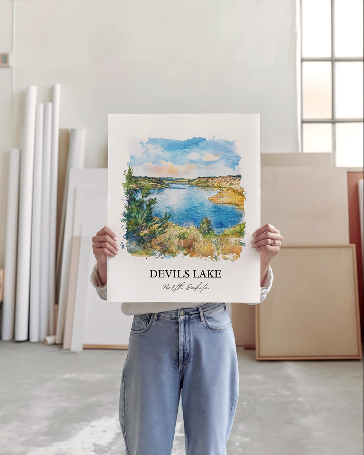 Devils Lake ND Wall Art, Sauk County Print, Devils Lake Watercolor Art, Devils Lake Gift, Travel Print, Travel Poster, Housewarming Gift