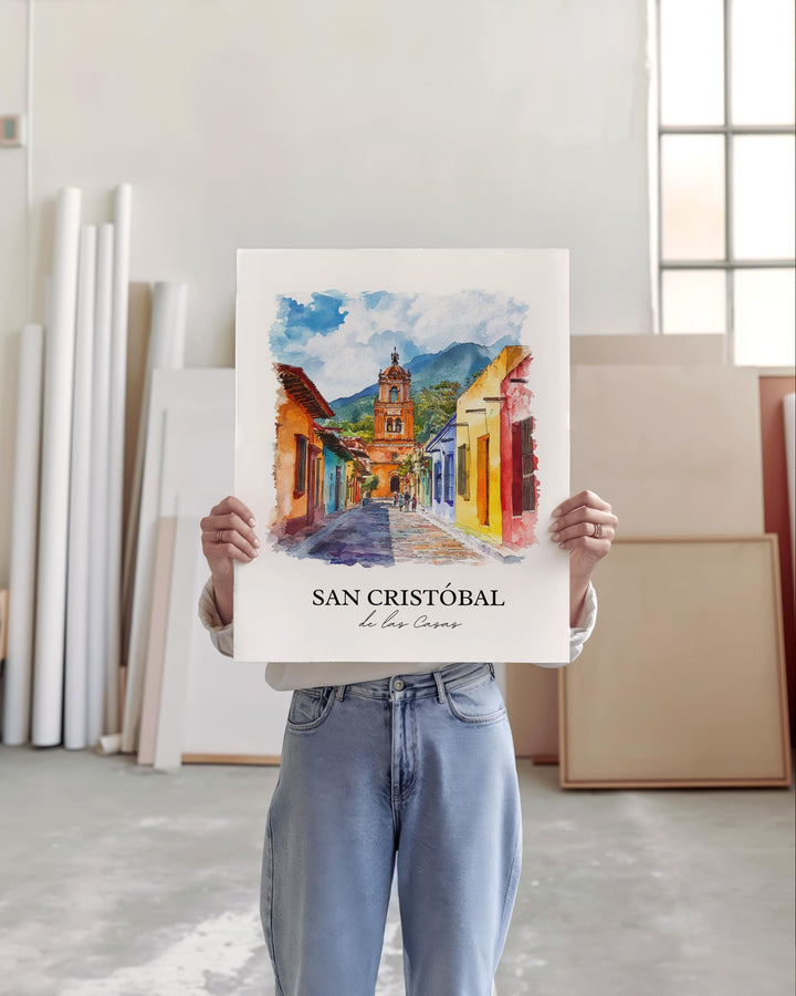 San Cristobal de Las Casas Wall Art, Chiapas Print, Mexico Watercolor Art, Chiapas MX Gift, Travel Print, Travel Poster, Housewarming Gift