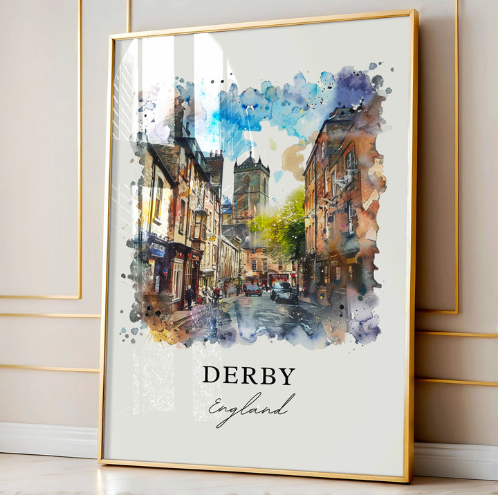 Derby England Wall Art, Derby Print, Derbyshire UK Watercolor, Derby Gift, Travel Poster, Housewarming Gift