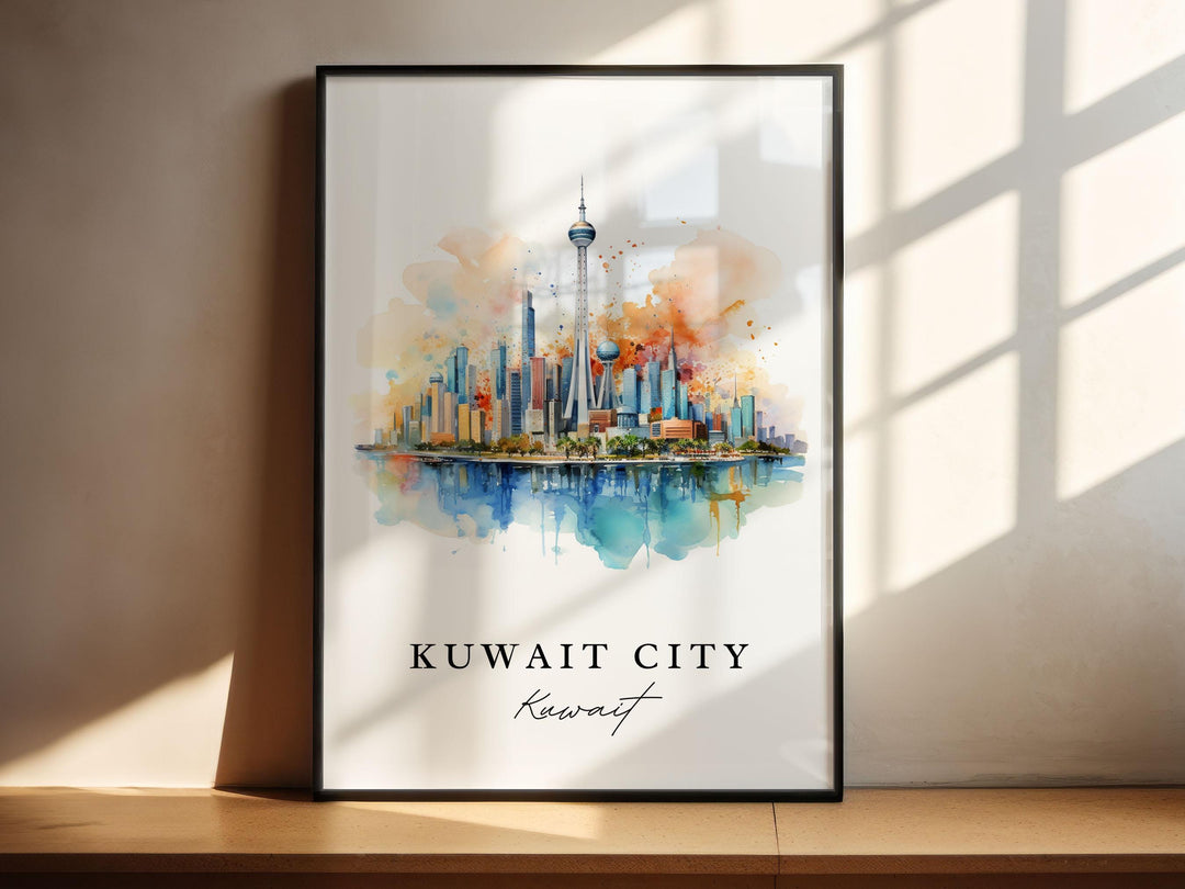 Kuwait City traditional travel art - Middle East, Kuwait poster, Wedding gift, Birthday present, Custom Text, Personalized Gift