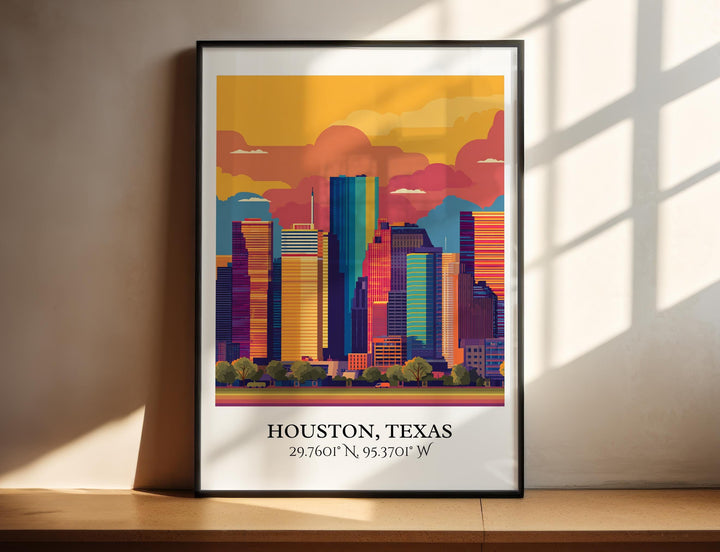 Houston Art, Houston Texas Retro Travel Art, Houston Home Decor, Houston Texas Gift, Texas Travel Art, Travel Prints, Housewarming Gift