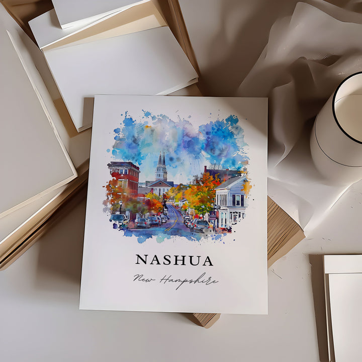 Nashua NH Wall Art, Nashua Print, Nashua Watercolor Art, Nashua New Hampshire Gift,