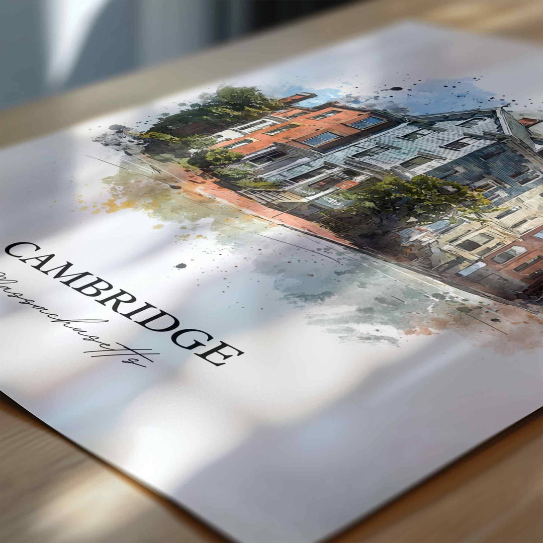 Cambridge MA Wall Art, Cambridge Print, Massachusetts Watercolor Art, Boston MA Gift, Travel Print, Travel Poster, Housewarming Gift